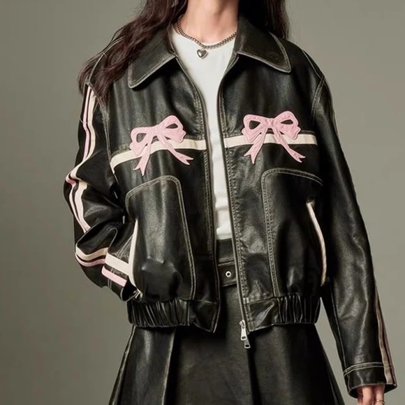Faux Leather Jacket with Embroidered Ribbon Bow Detail - Picture 1 of 8